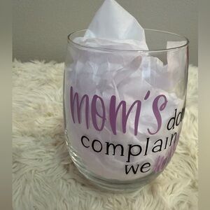 Mom's Wine Glass with Purple and Black Text
